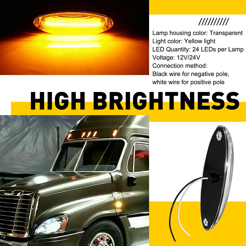 For Freightliner Cascadia All Years Clear Amber LED Raised Roof Marker Lamps 5Pc