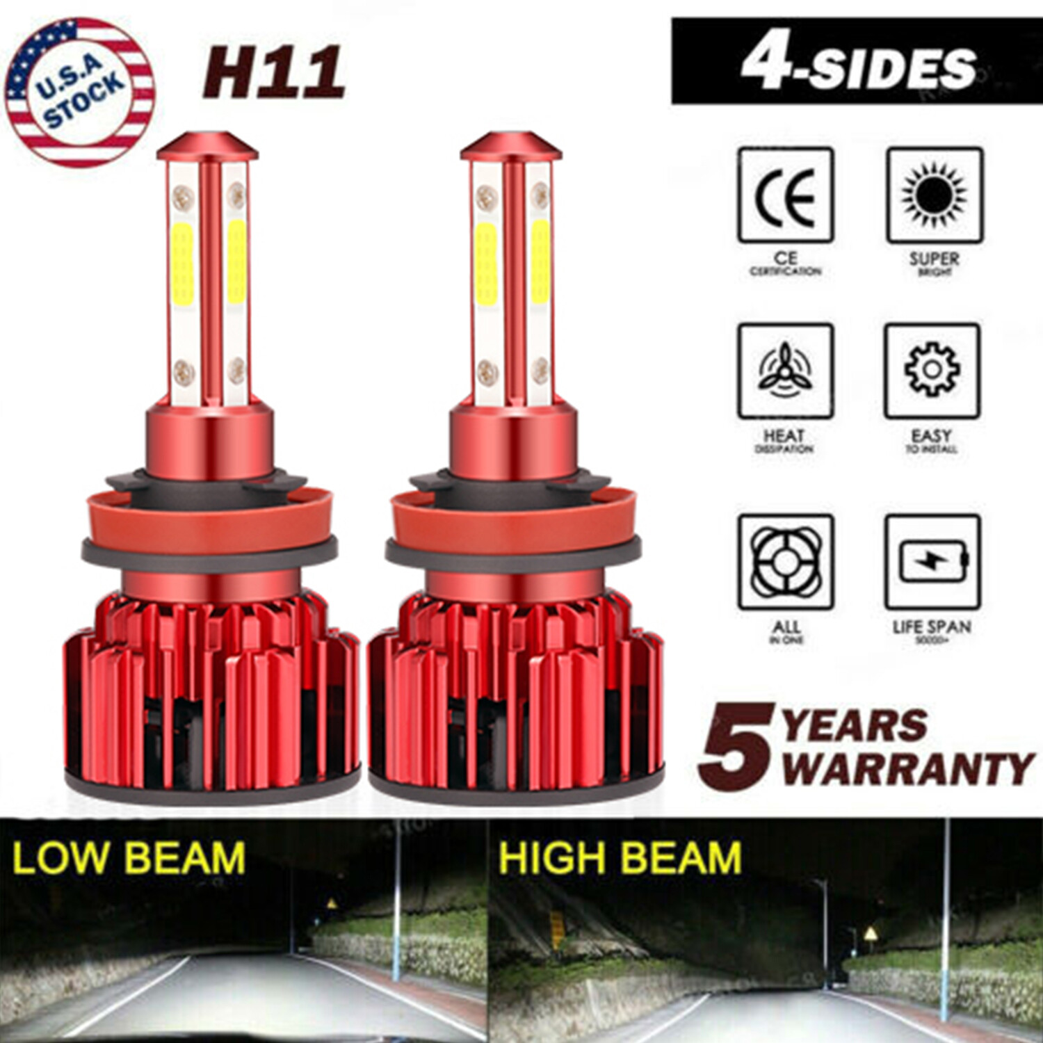 4-Sides H11 H9 LED Headlight Super Bright Bulbs Kit 330000LM HIGH/LOW Beam 6000K