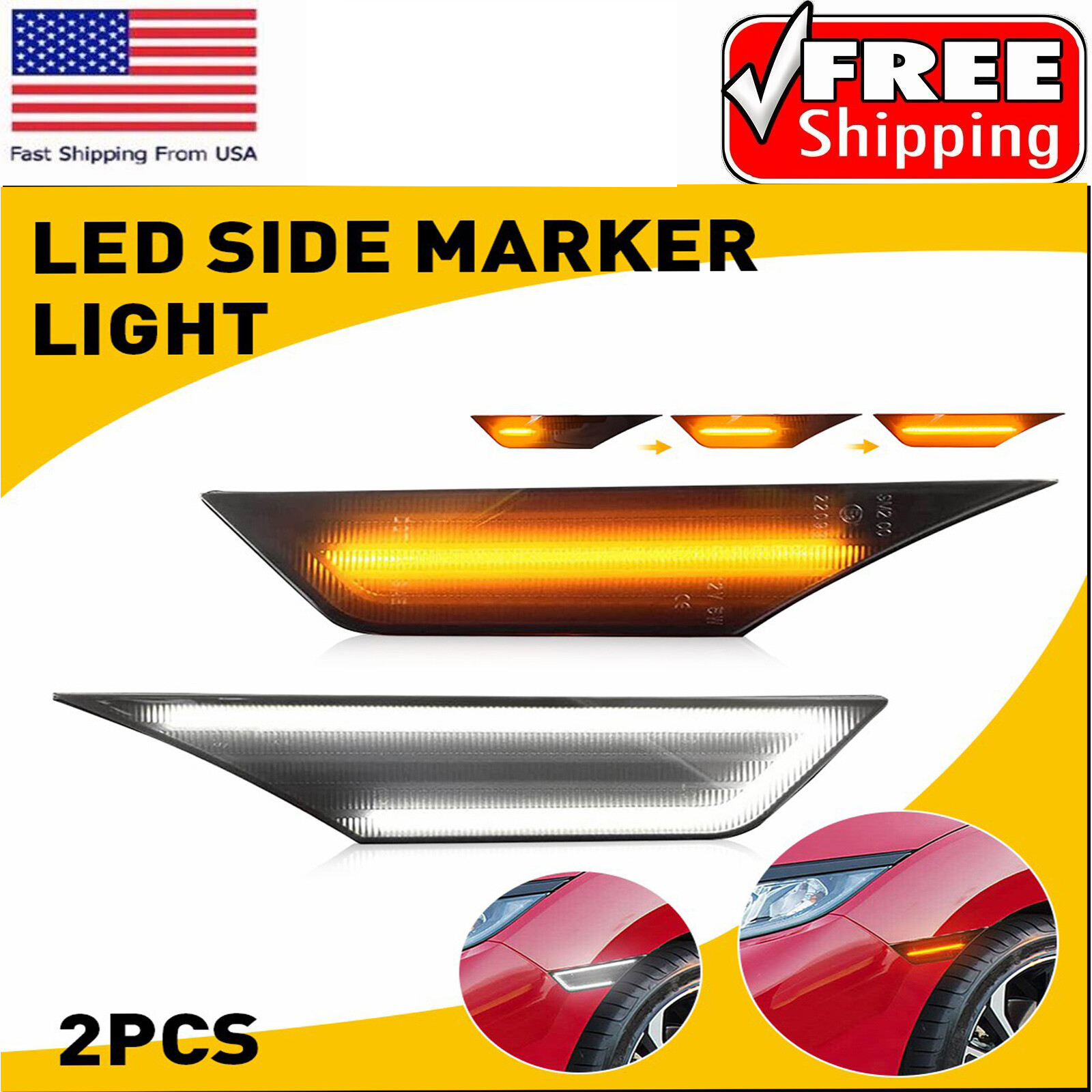 Smoked Side Marker Lamp Turn Signal Light W/ LED Bulbs for Honda Civic 2016-2021