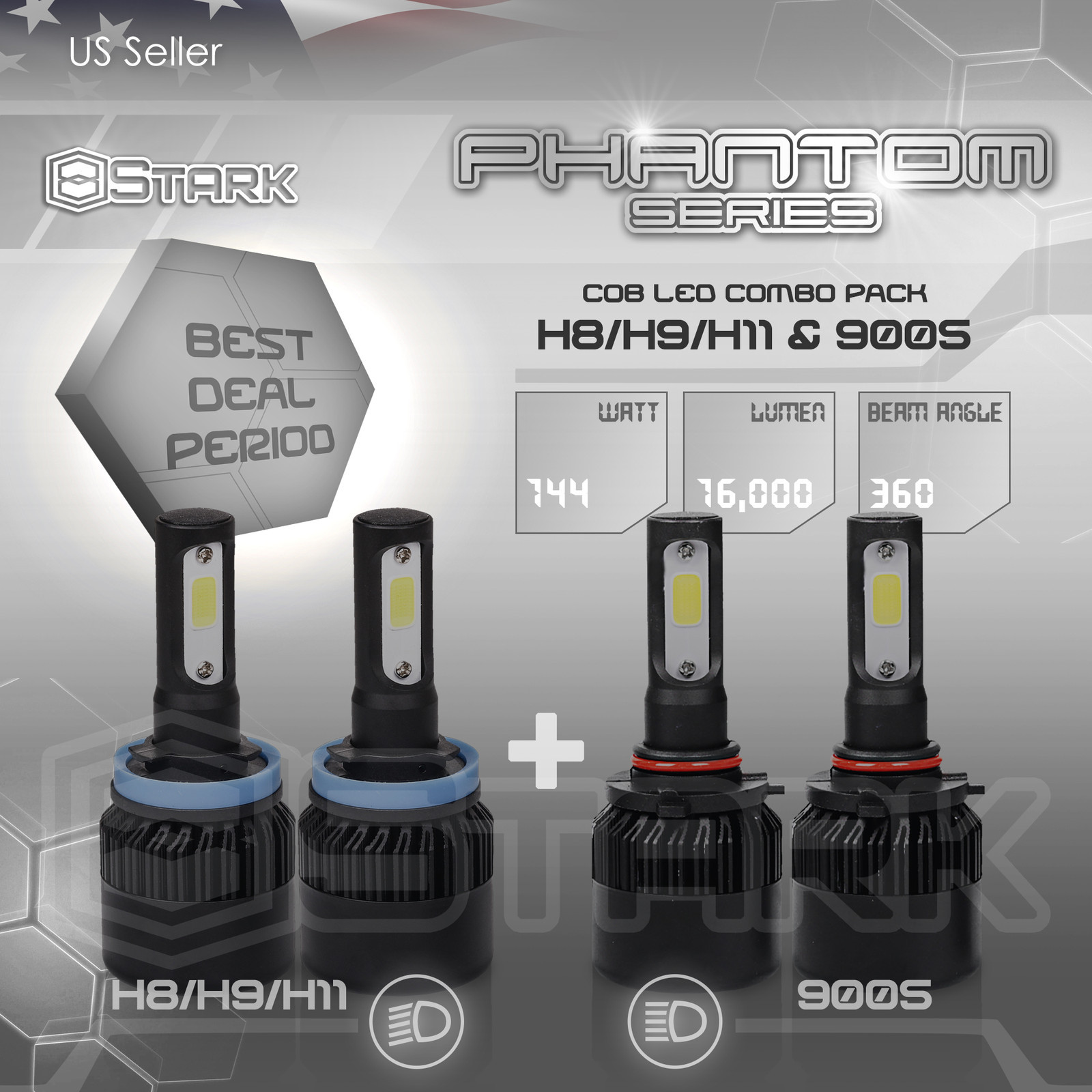 H11 9005 4PCS LED Total 144W 16000LM Light Combo Headlight High 6000K White Kit