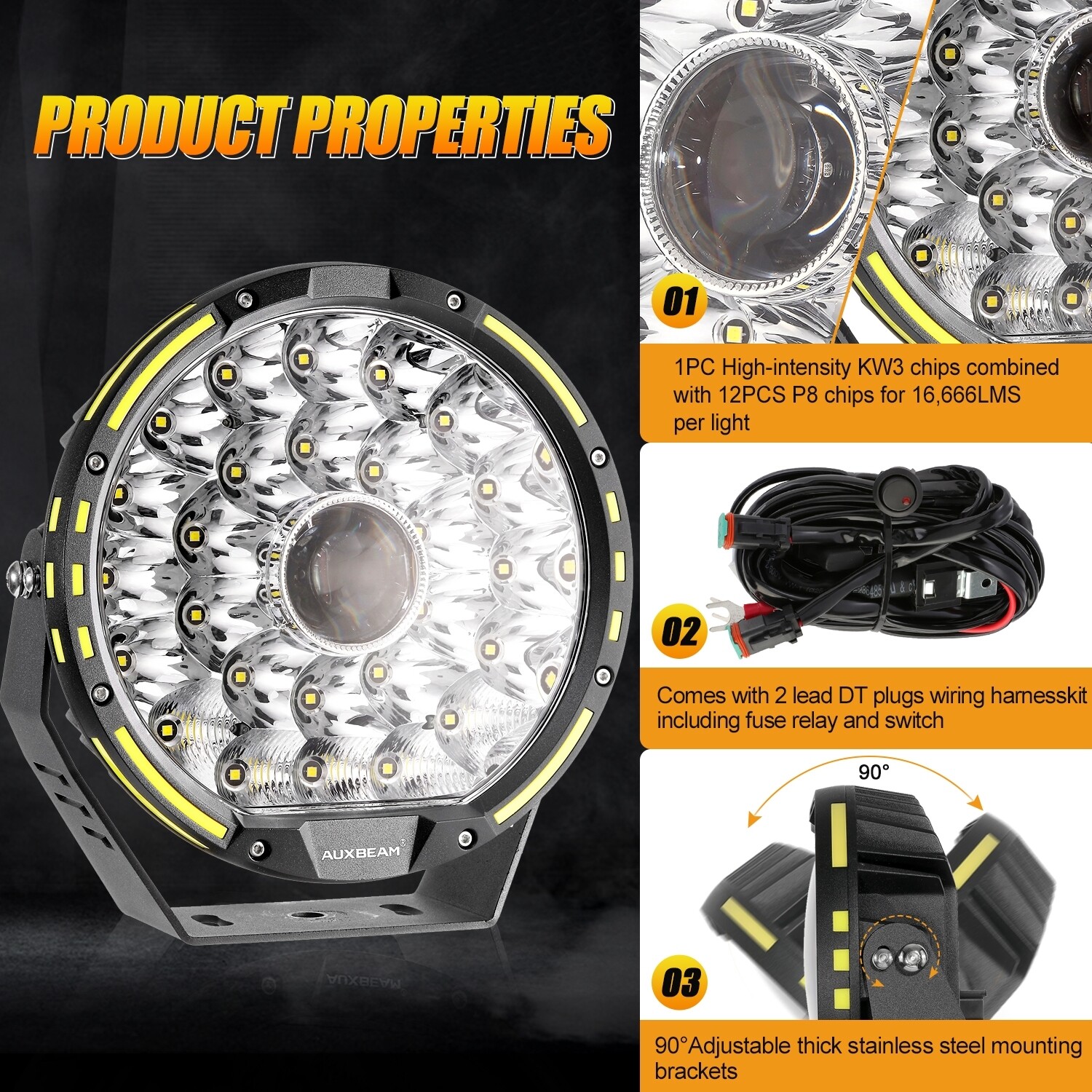 AUXBEAM 9″ 360 PRO LED Work Fog Lights Pods Auxiliary Driving Lamp & Cover Kits