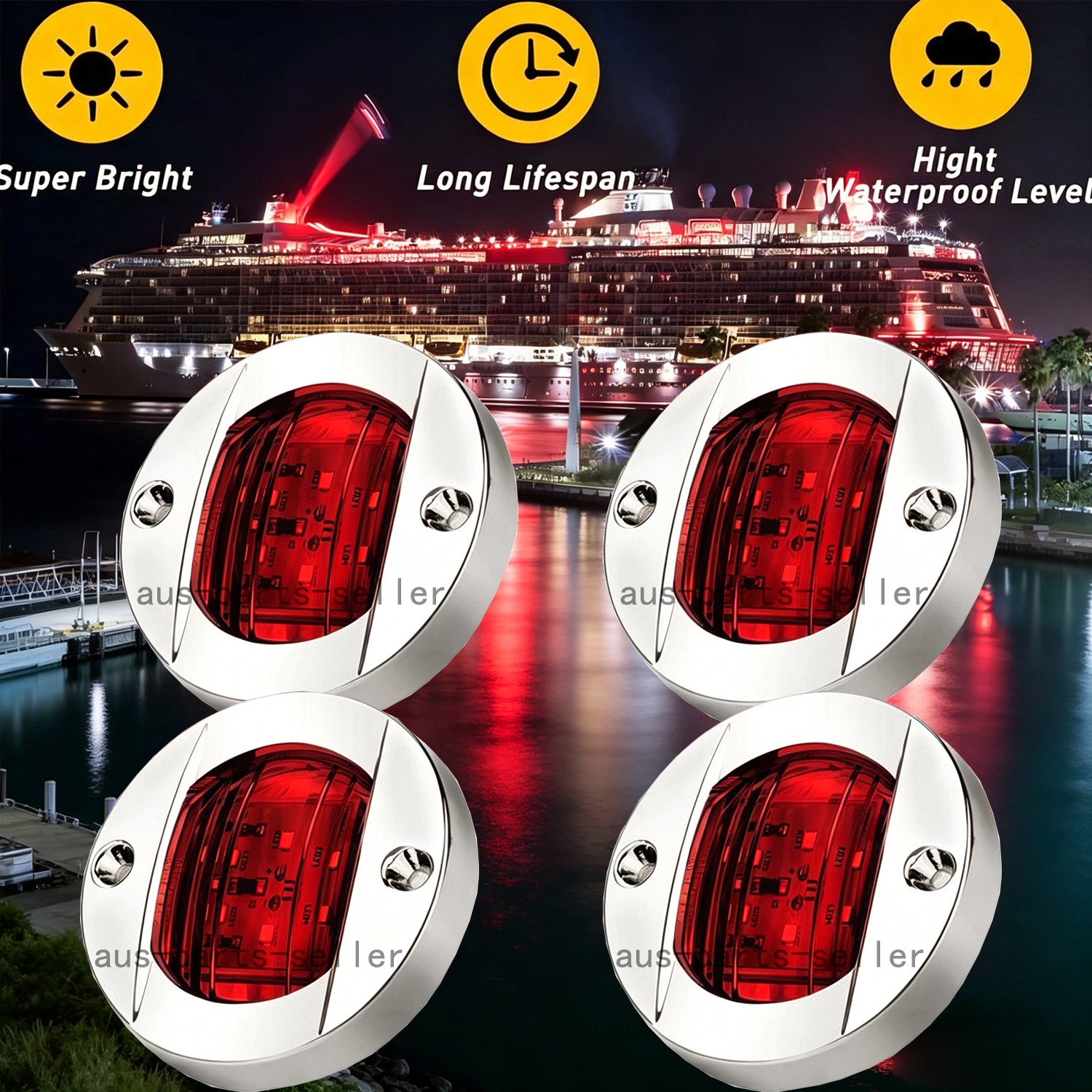 4X Red Round Marine Boat LED Courtesy Lights Cabin Deck Stern Navigatioin Light