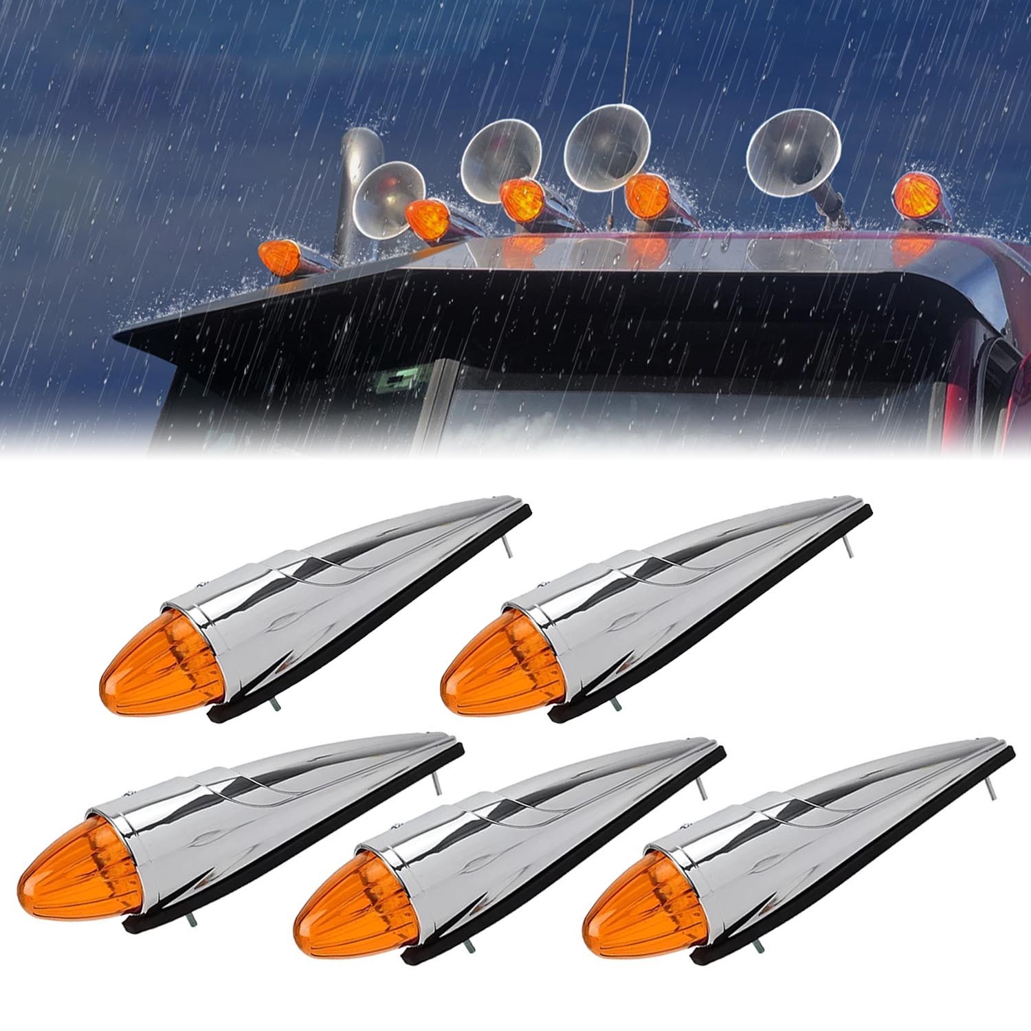 5PCS 17 LED Amber Chrome Torpedo Cab Marker Roof Running Lights for Semi Truck