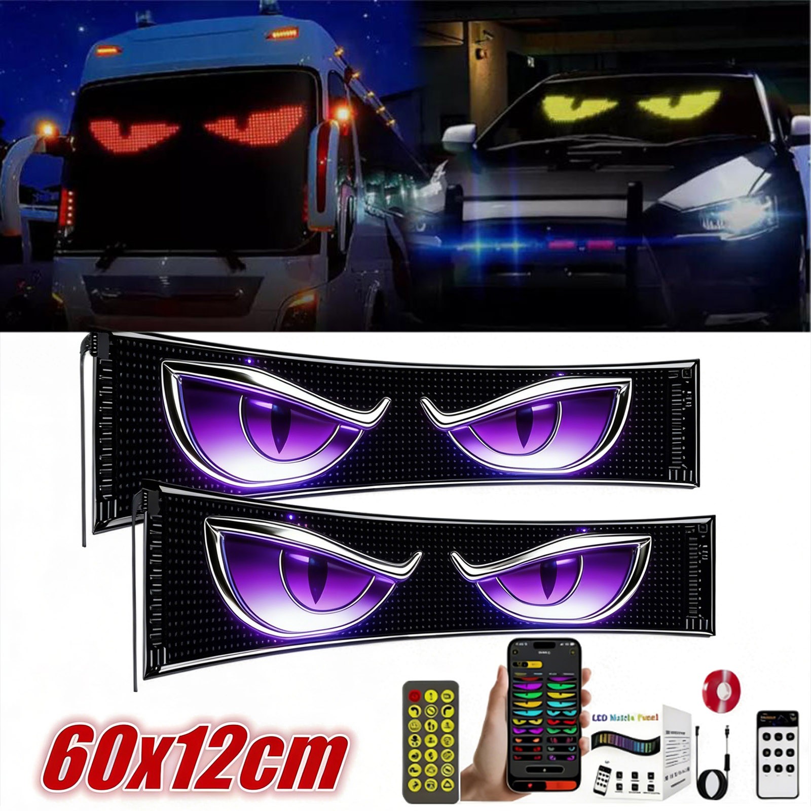 2Pcs 24″Truck Windshield Devil Eyes Light Soft Screen Cars Remote Smart Eye Lamp