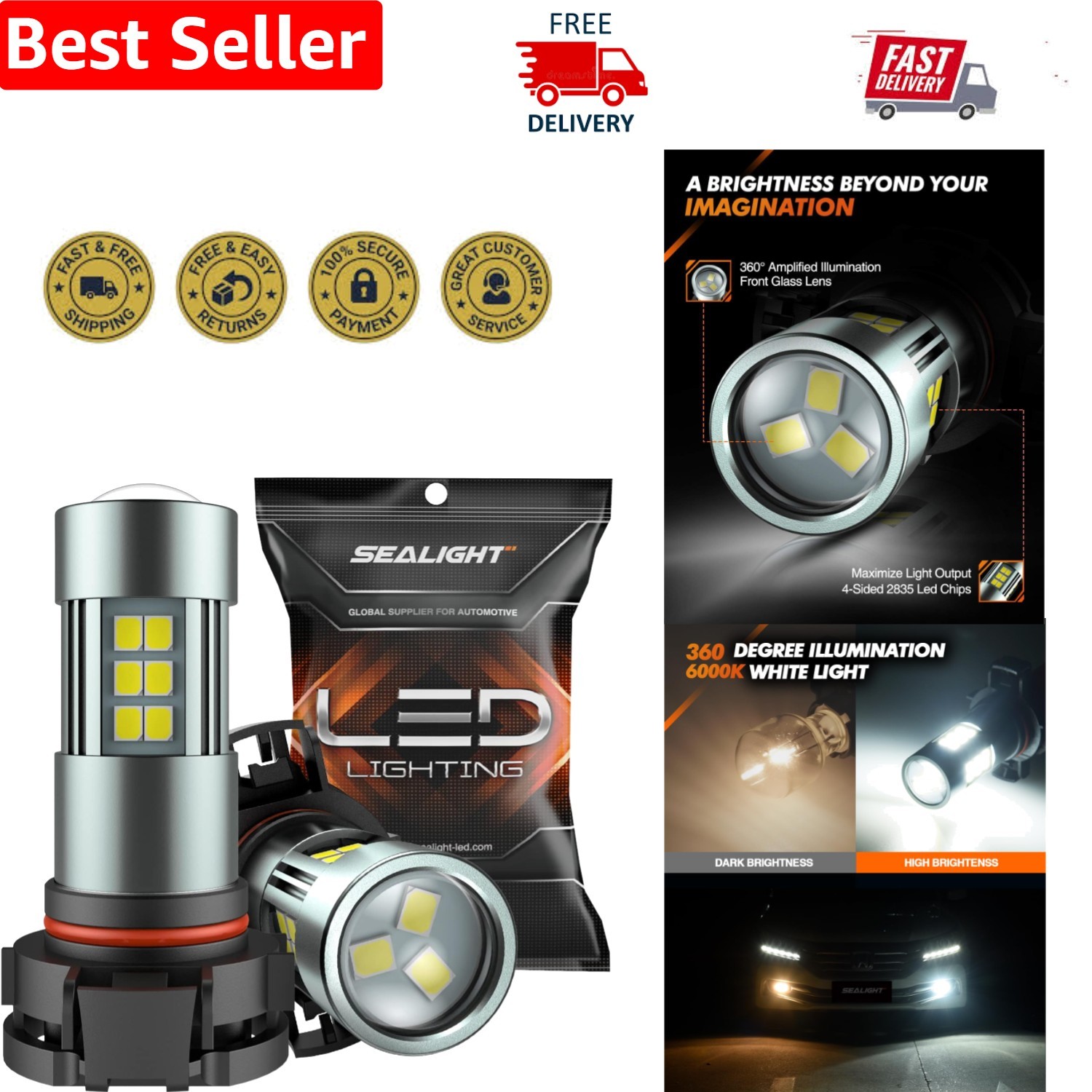 Universal Fit 5202 LED Fog Light Bulbs 6000K – 30,000 Hours Lifetime, Pack of 2