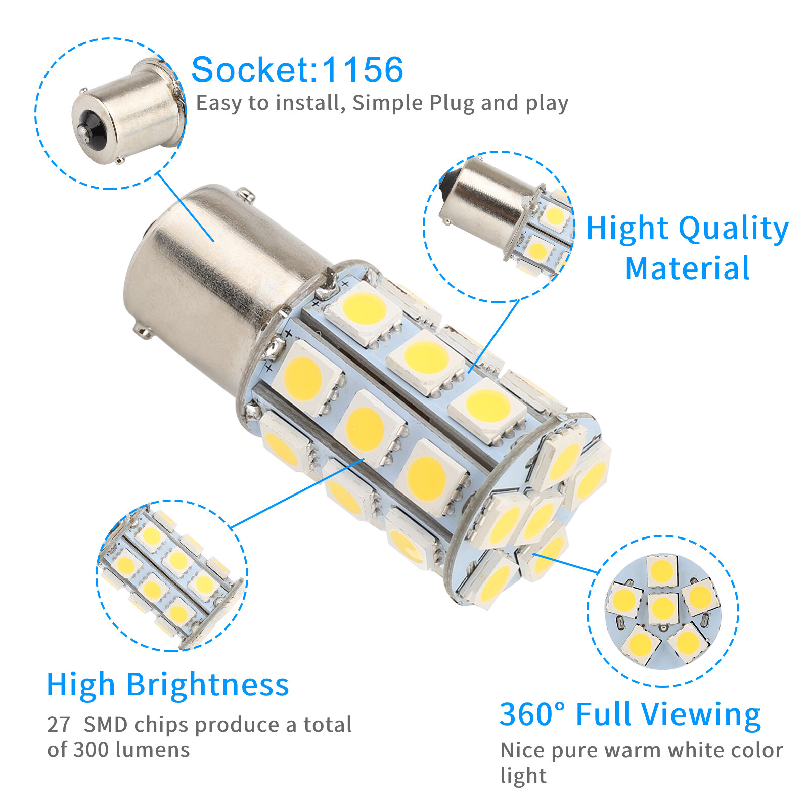 10X Warm White 1156 1141 1003 27 SMD LED RV Camper Trailer Interior Light Bulbs