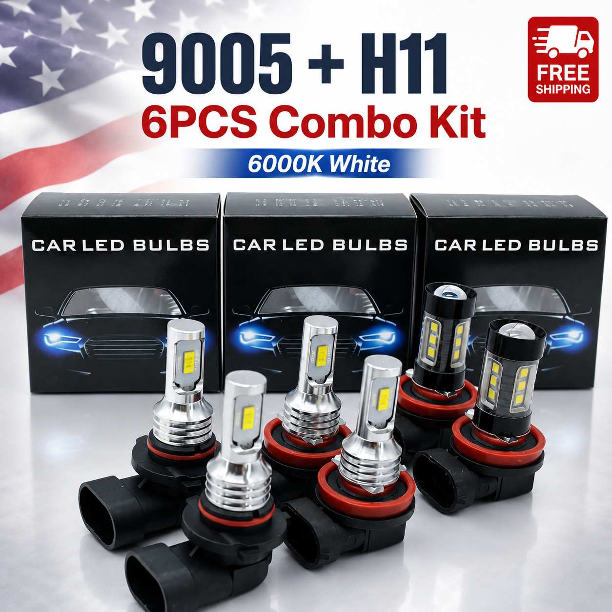 9005 H11 LED Headlight High Low Beam Fog Light Bulbs Kit 6000K White 6x Combo