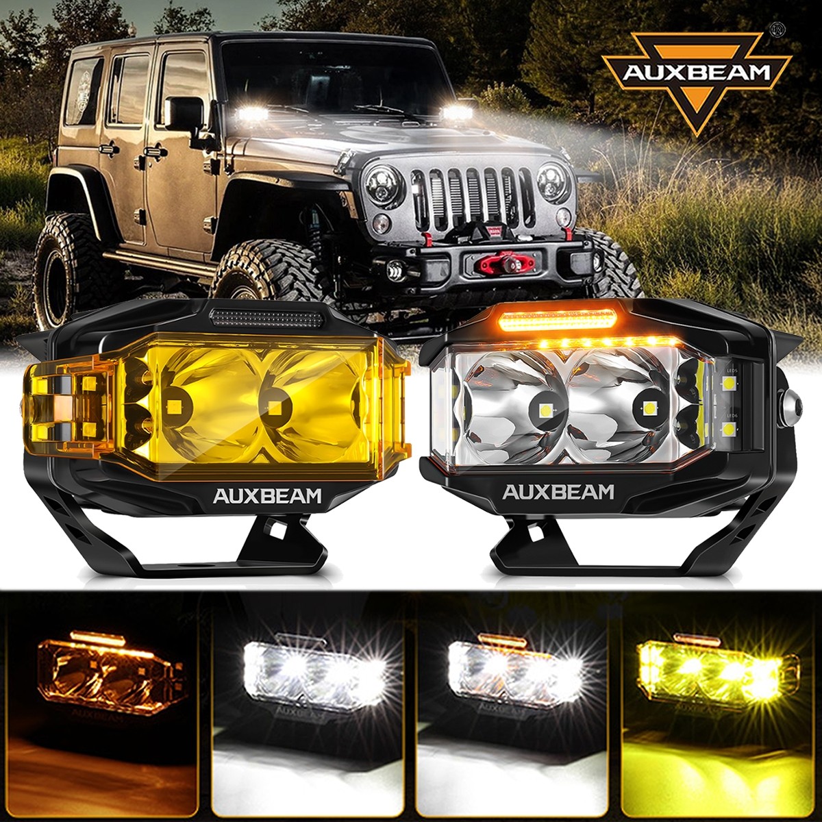 2x AUXBEAM 4×2.5″ LED Pods Driving Lights w/ Side Shooter Amber Light for Jeep