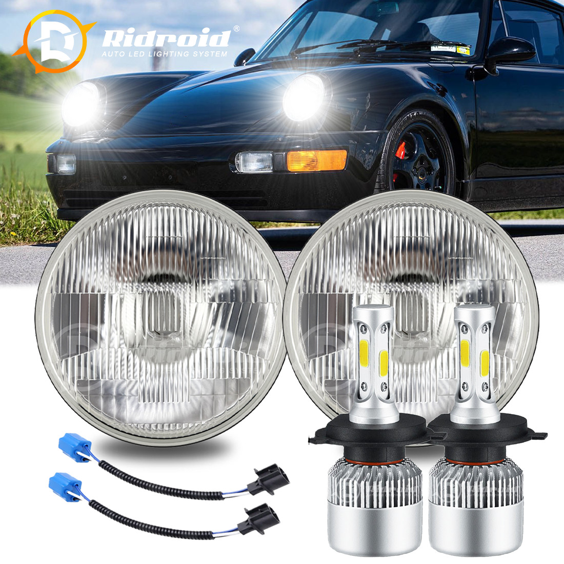 7″ LED Round Headlights Hi/Low Beam H4 Bulb Fit Porsche 911-912 914 924 928 944