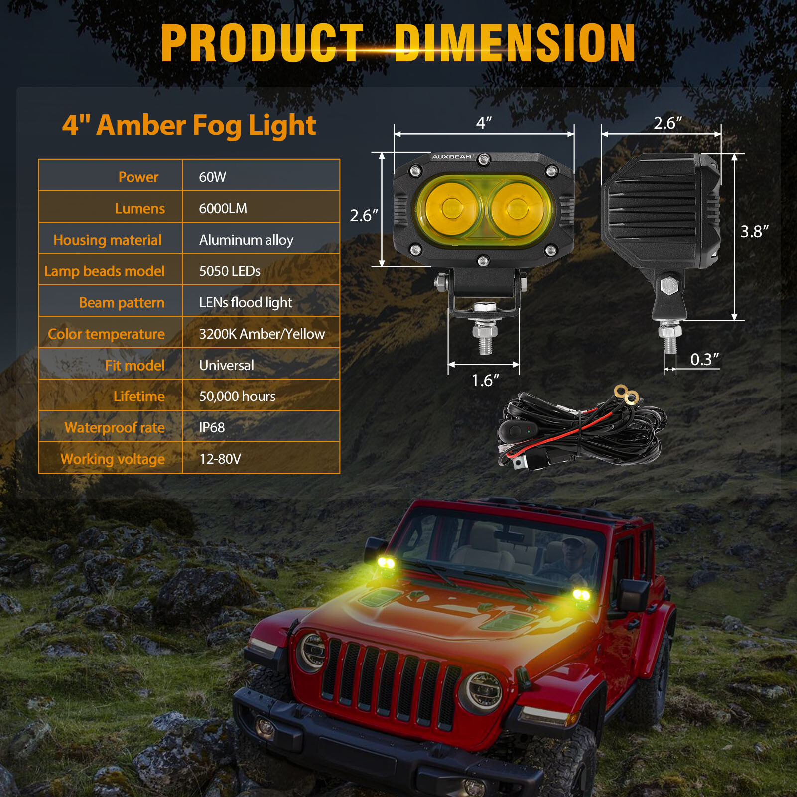 2x AUXBEAM 4″ Amber LED Pods Light Bar Flood Driving Lights + 2x Covers for Jeep