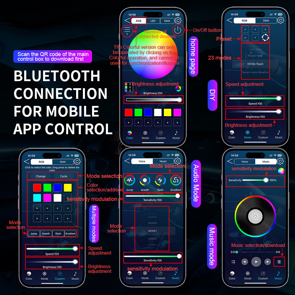 Car Symphony Ambient Light 256 Color RGB Led Atmosphere Acrylic Strip Remote APP