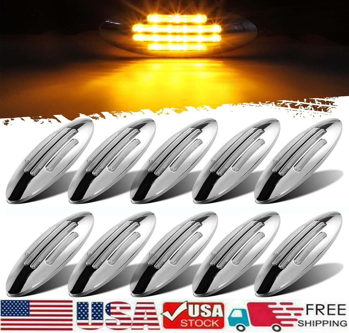 10pcs Amber Thin Side Marker Lights Clearance 24 LED Chrome for Freightliner USA
