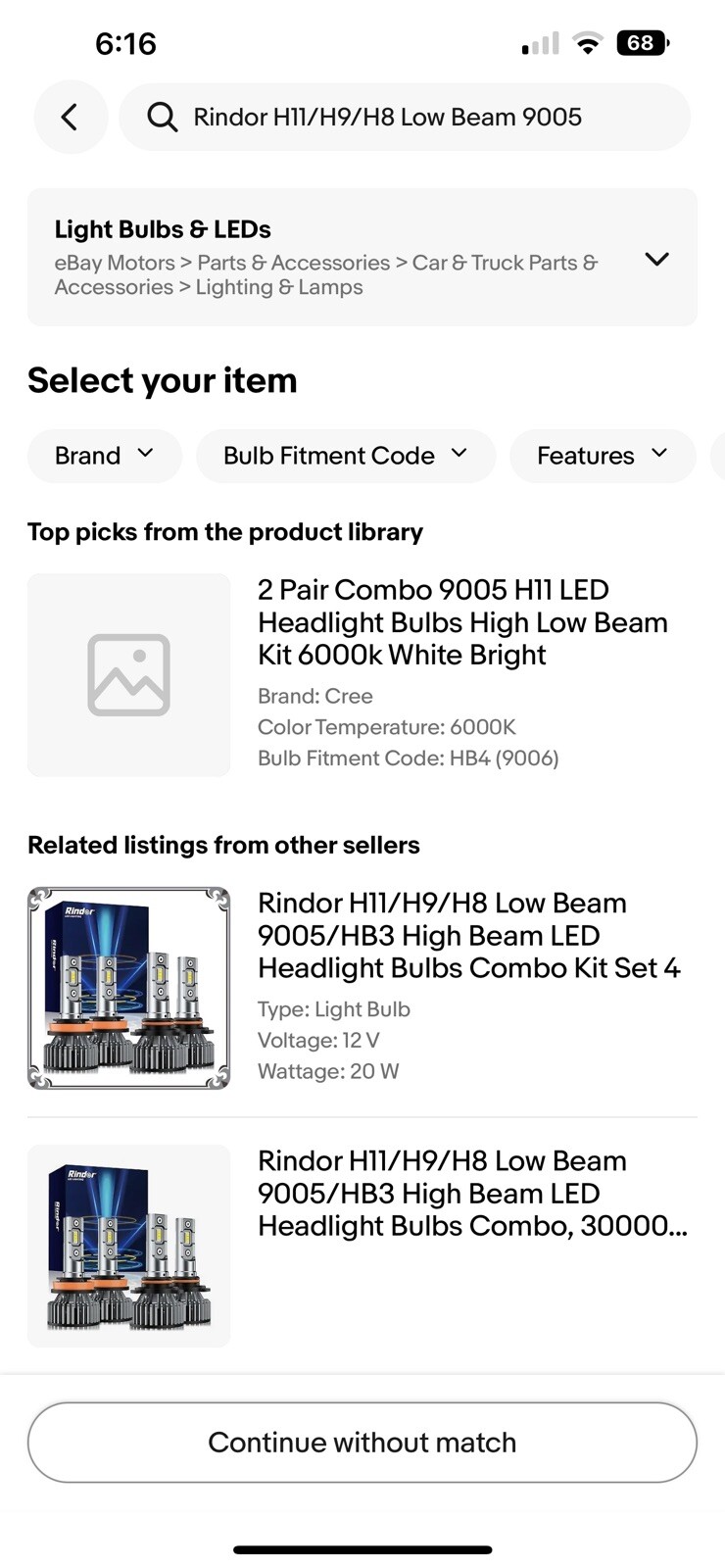 Rindor H11/H9/H8 Low Beam 9005/HB3 High Beam LED Headlight Bulb Combo Kit 4 Pack