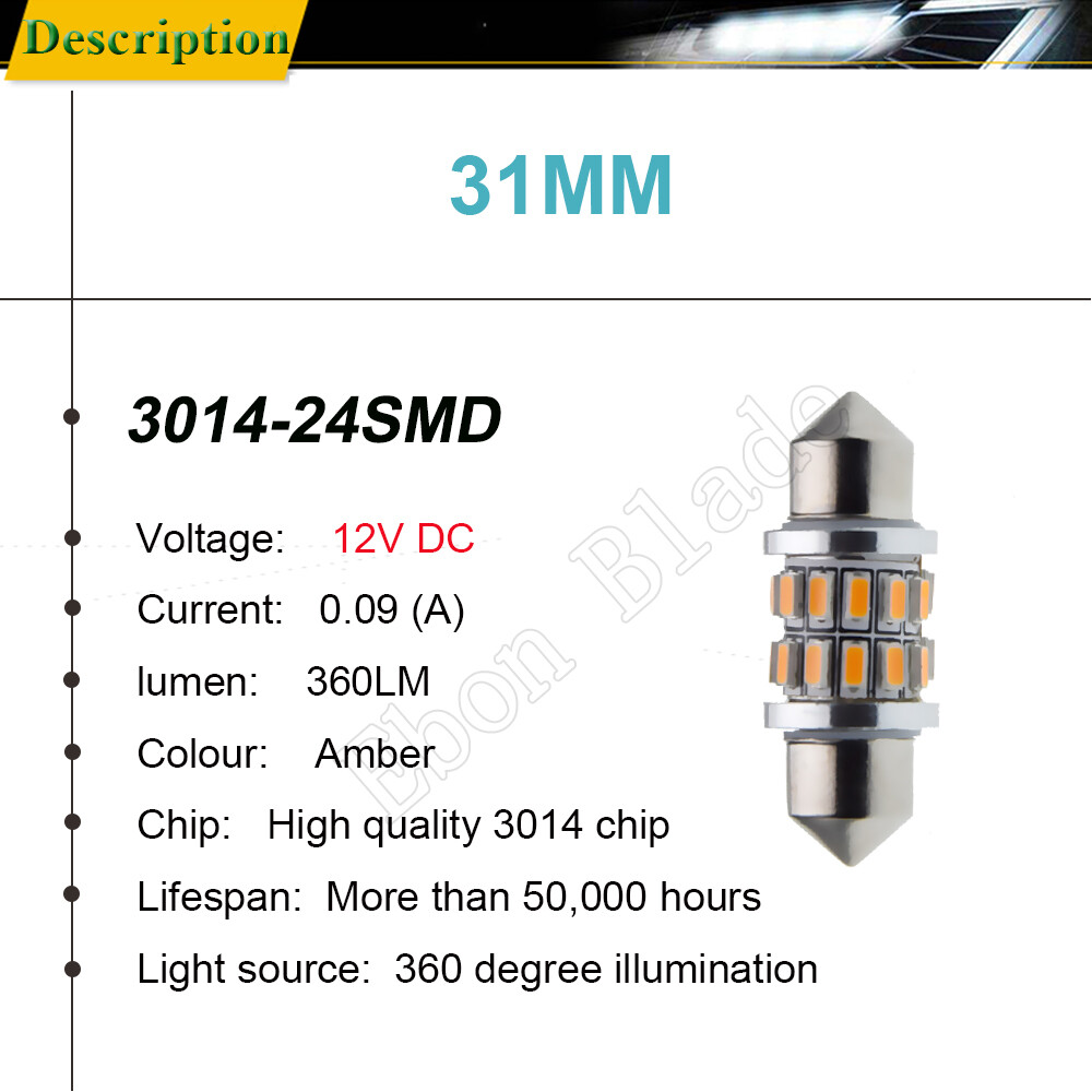 2 X 31mm C5W LED Bulbs For Car Festoon Dome Map Lights Amber Yellow Orange 12V
