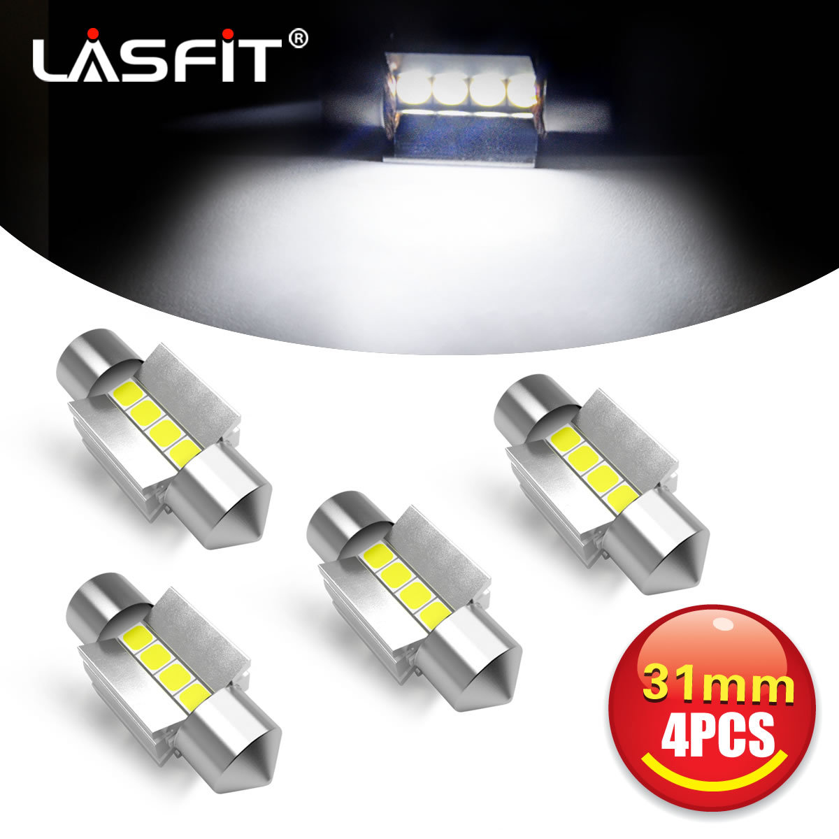 LASFIT 4x 6000K White 31MM DE3175 DE3022 LED Interior Map Dome Trunk Light Bulbs