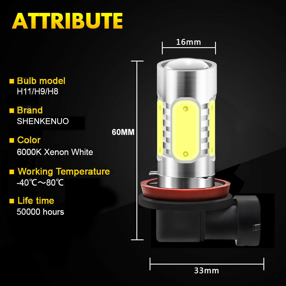 H7+H7+H11 6PC Front LED Headlight Hi/Low Beam Fog Light Bulbs Super White 2400LM