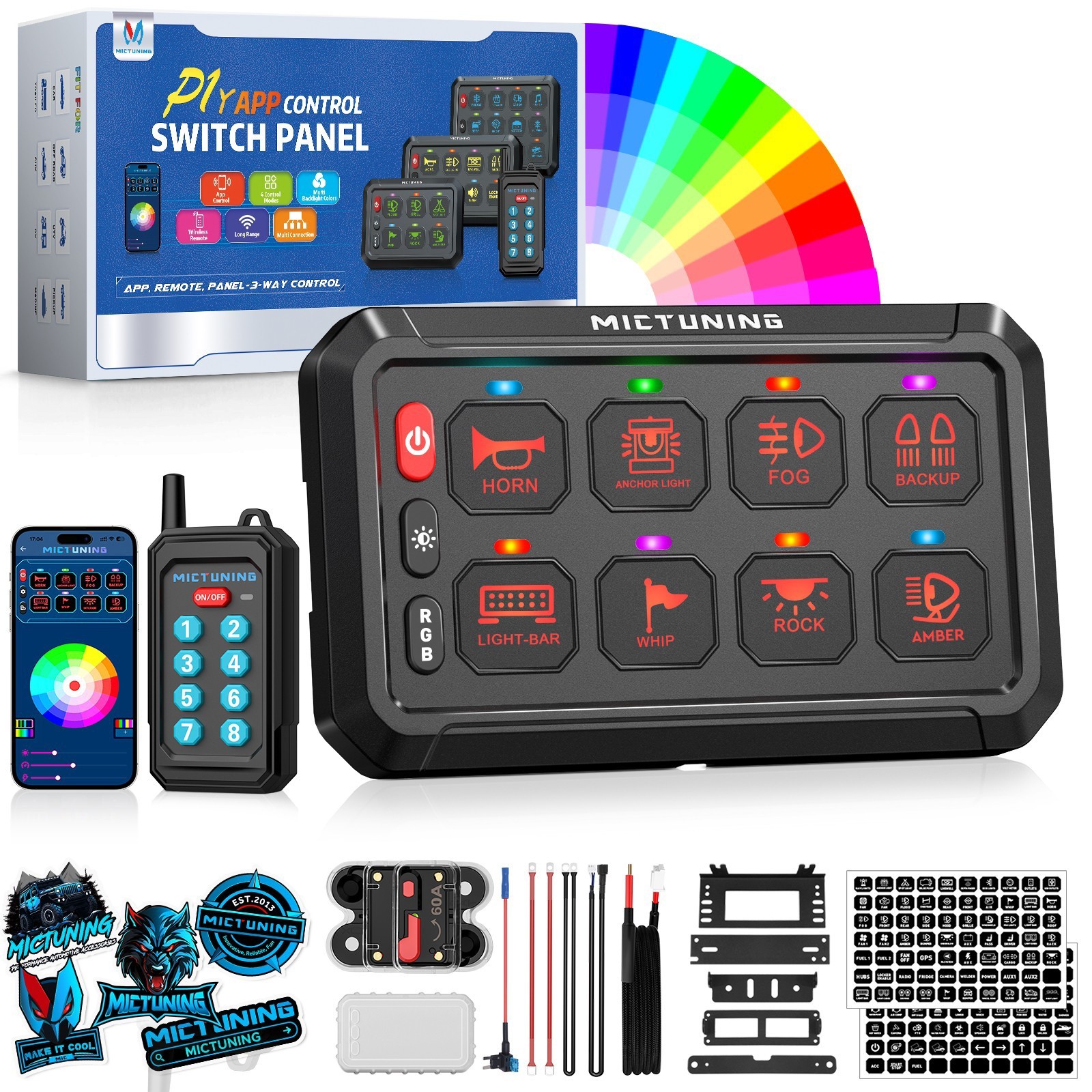 MICTUNING Wireless RGB Switch Panel 12/24v LED Circuit Remote/APP Control System