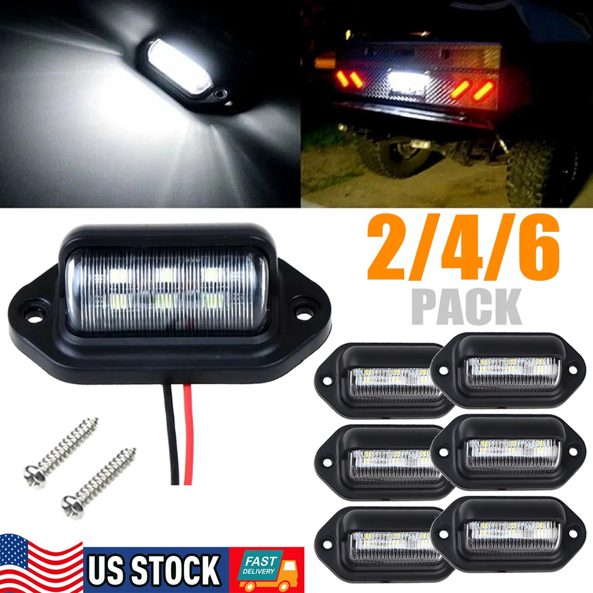 2-6x White LED License Plate Light, 6-SMD Waterproof Tag Lights 12V-24V DC Lamp