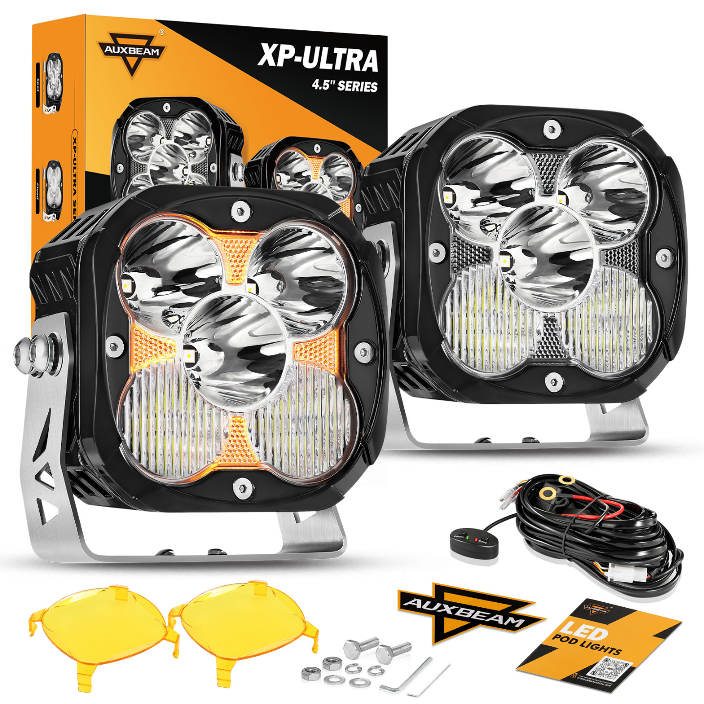 2x AUXBEAM 4.5″ 128W LED Pods Lights Hyper Combo Beam White/Amber & Amber Cover