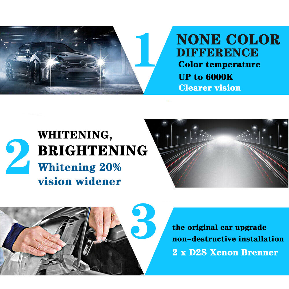 2x D2S 55W 6000K HID Xenon Replacement Low/High Beam Headlight Lamp Bulbs White