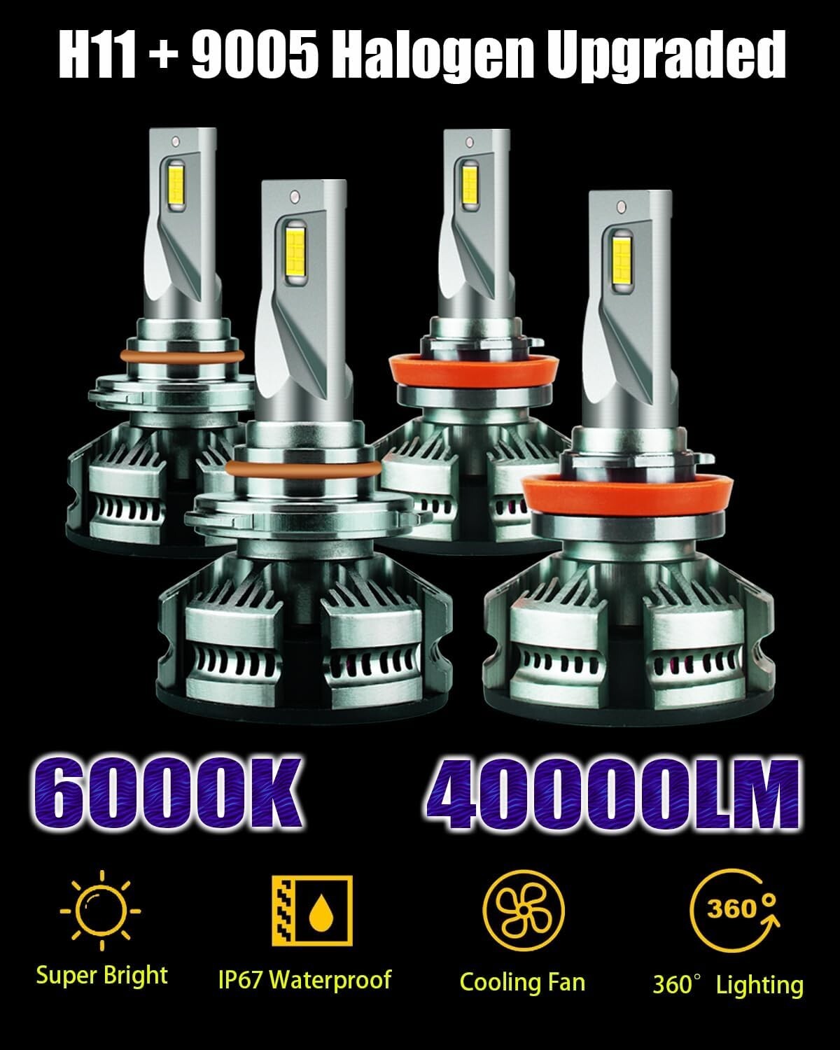 9005/HB3 H11 Bulbs Combo H8 H9 Fog Bulb, Super Brightness 200W 40000LM H11 and 9