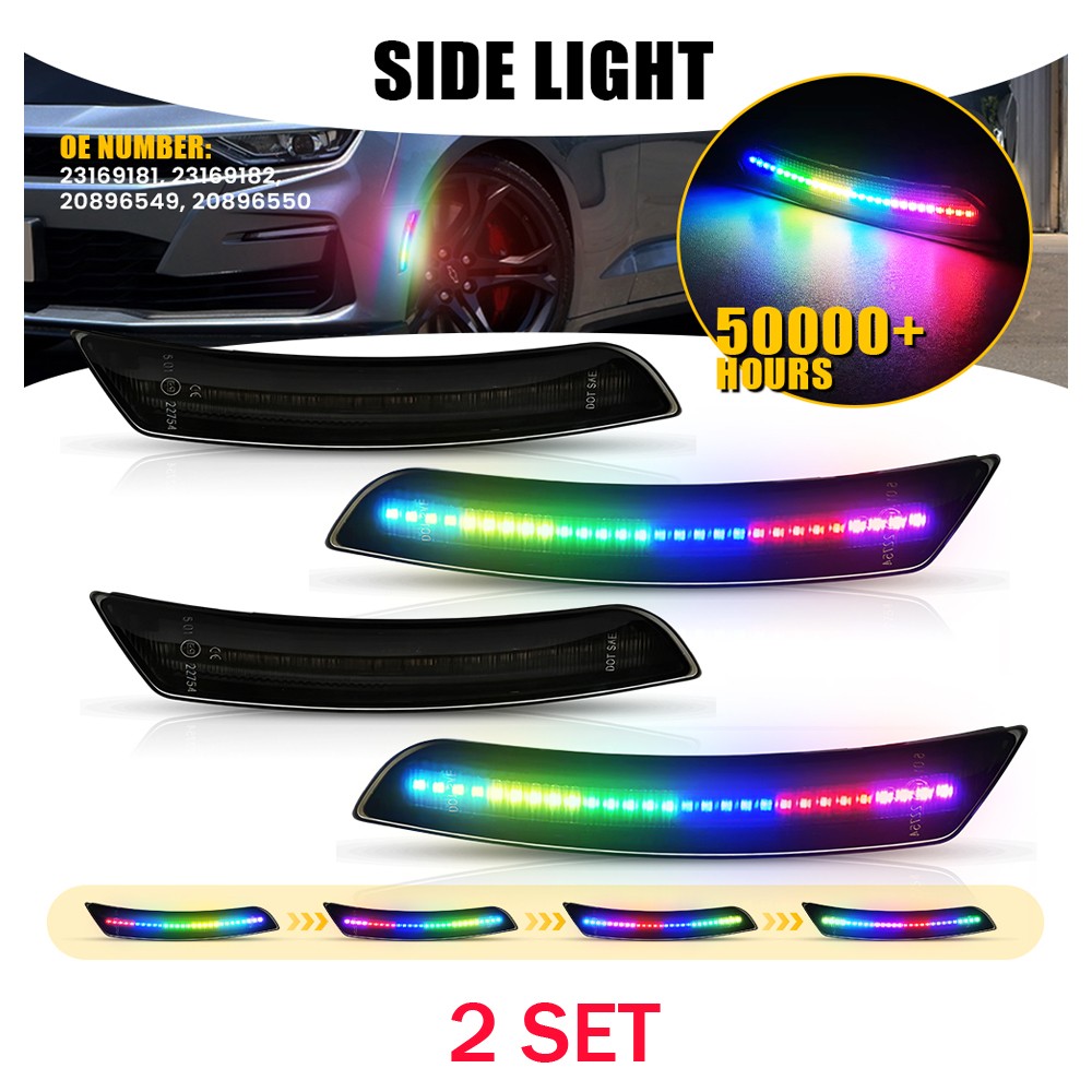 20896549 Fit 16-23 Chevy Camaro Smoked LED Side Marker Colorful Flowing Light 8X