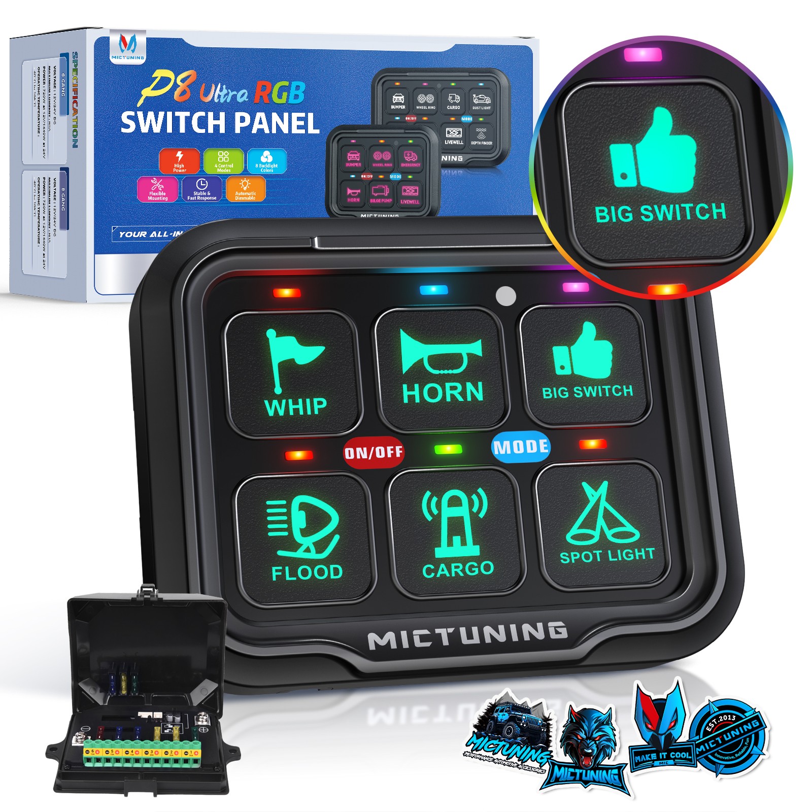 6/8 Gang Switch Panel On-Off LED Light Bar Circuit Control Relay System 12/24V