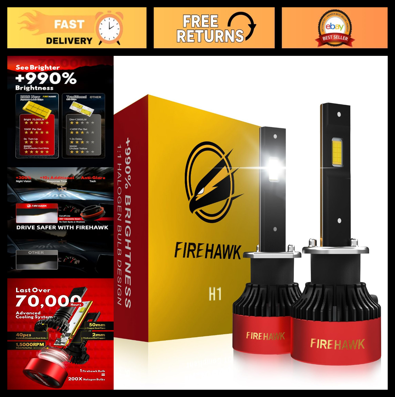 High-Performance 70000LM LED Fog Light Bulbs, 6000K Pure White, IP68 Waterproof,