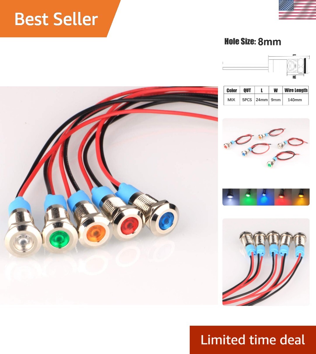 Versatile 5-Piece LED Metal Indicator Lights – Durable AC/DC 12-24V Signal Lamps