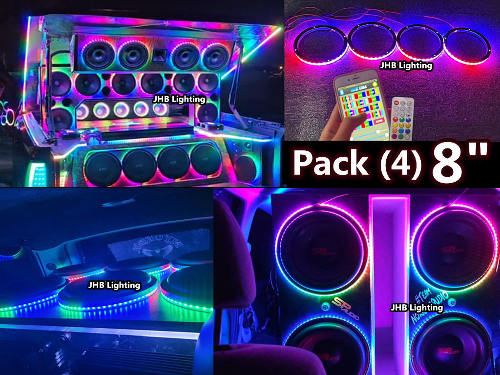JHB 4PCS 8″ Chasing Flow LED Ring Lights Remote APP Kit for Audio Speaker Subs