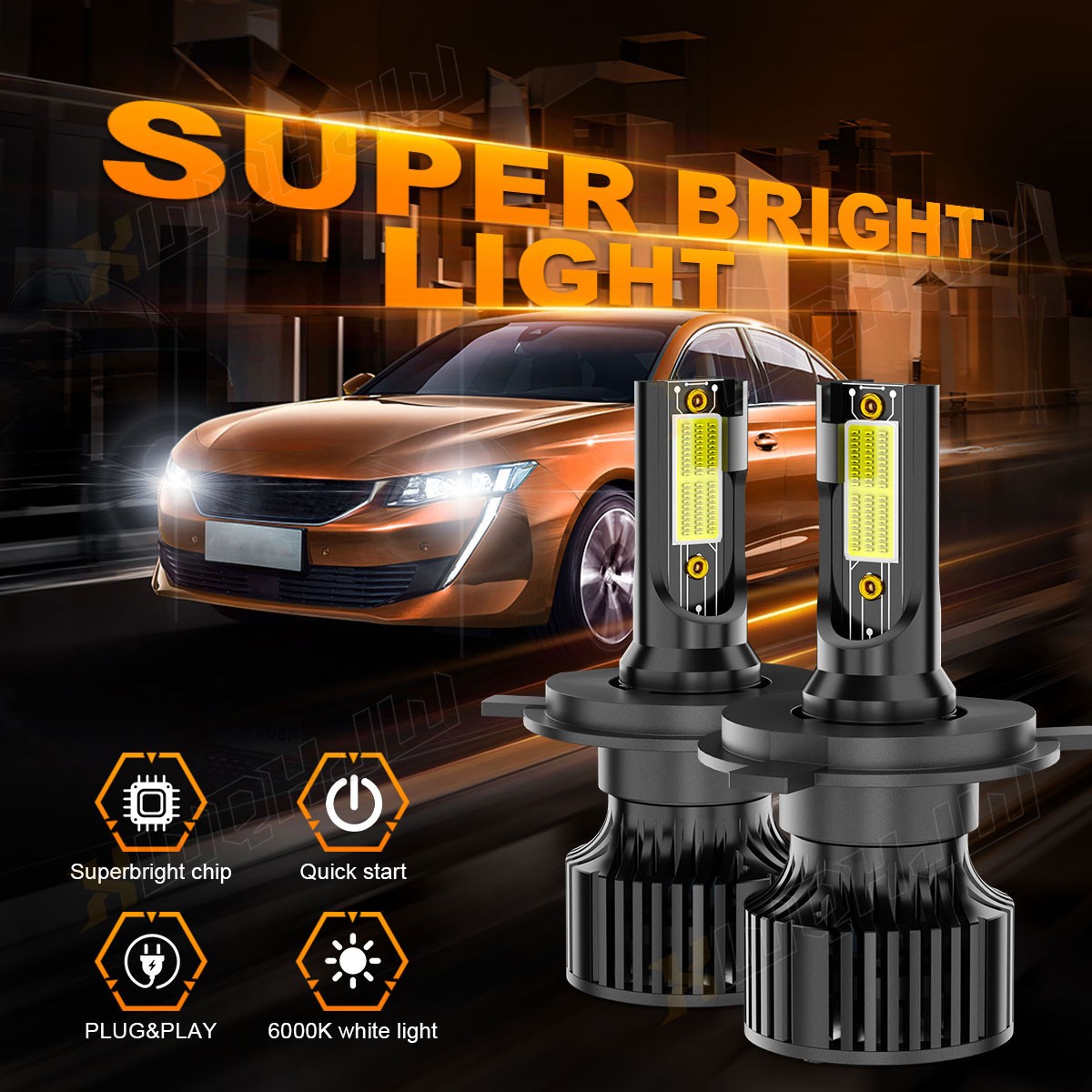 2x H4 9003 HB2 6000K Super White CSP LED Headlight Bulb Kit High Beam Canbus