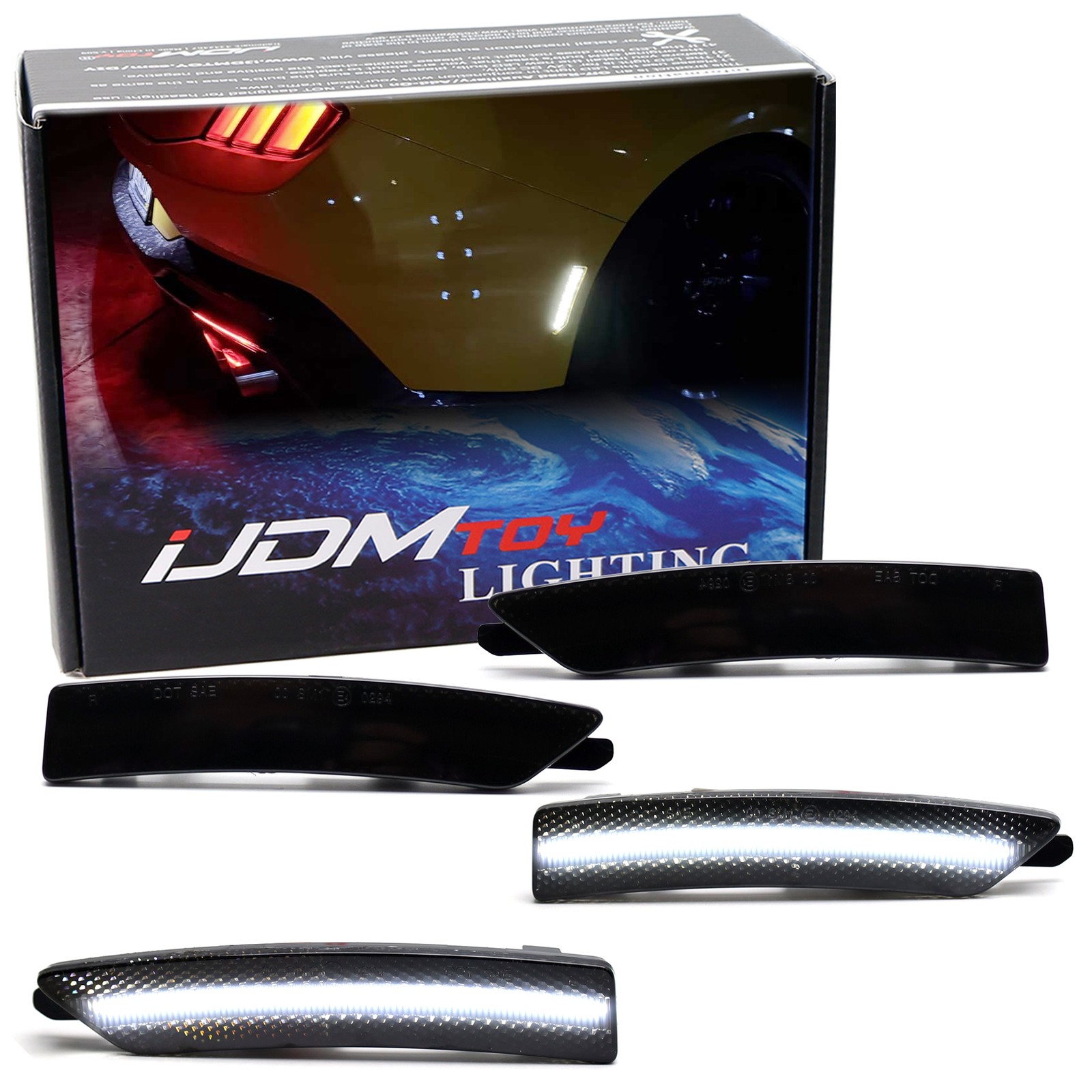 4pc Set Smoke Lens All White Full Strip LED Side Markers For Ford 2024+ Mustang