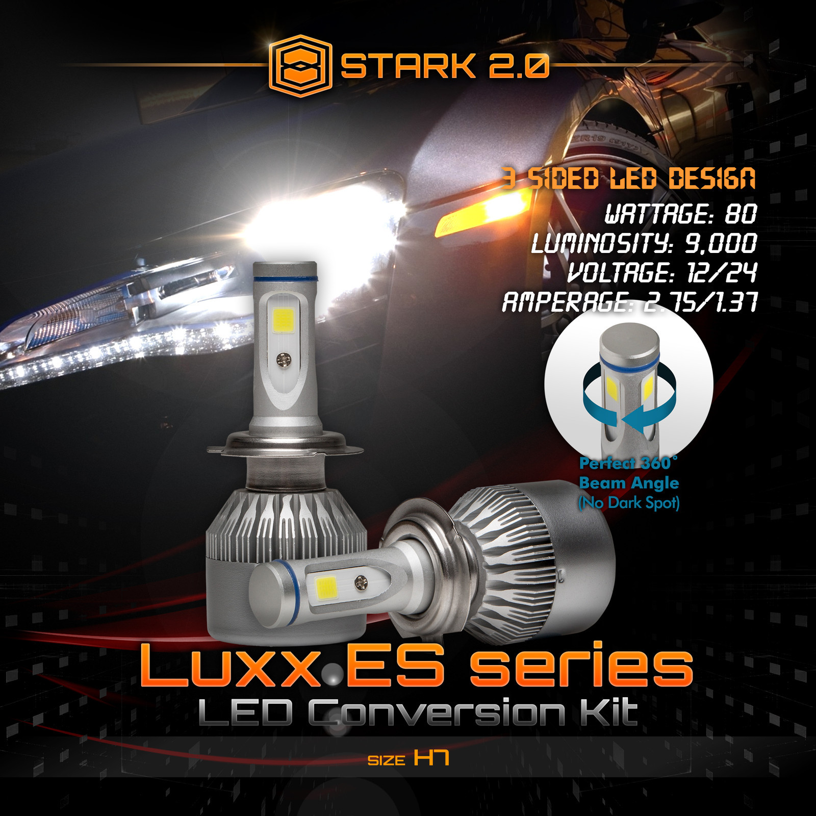 Stark 80W 9000LM Flip COB Chip LED Conversion Kit 6000K 6K Headlight – H7