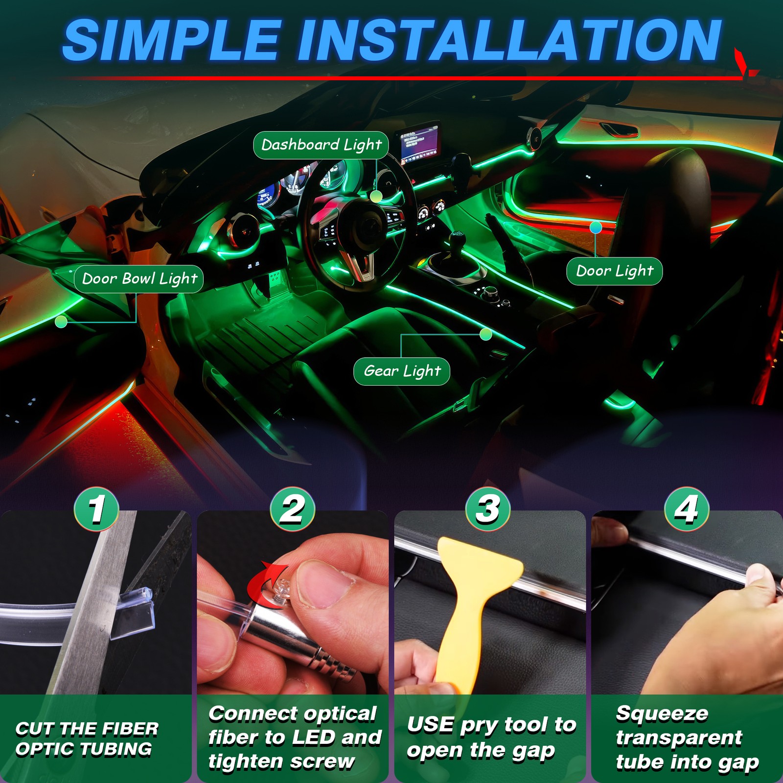 Interior Car RGB LED Strip Lights 8 in 1 Neon Ambient Decor Atmosphere Lights US