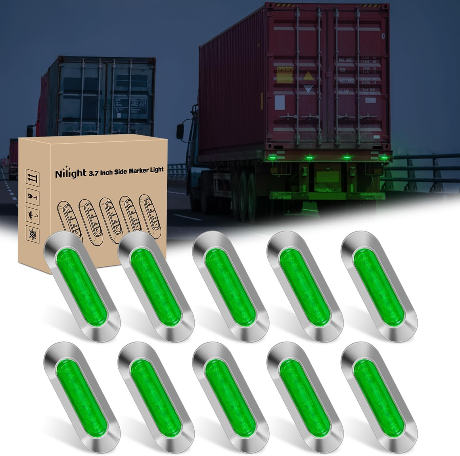 10PCS Green Oval Side Marker Lights 4 LED 3.7 Inch Waterproof DC 12-24V for Car