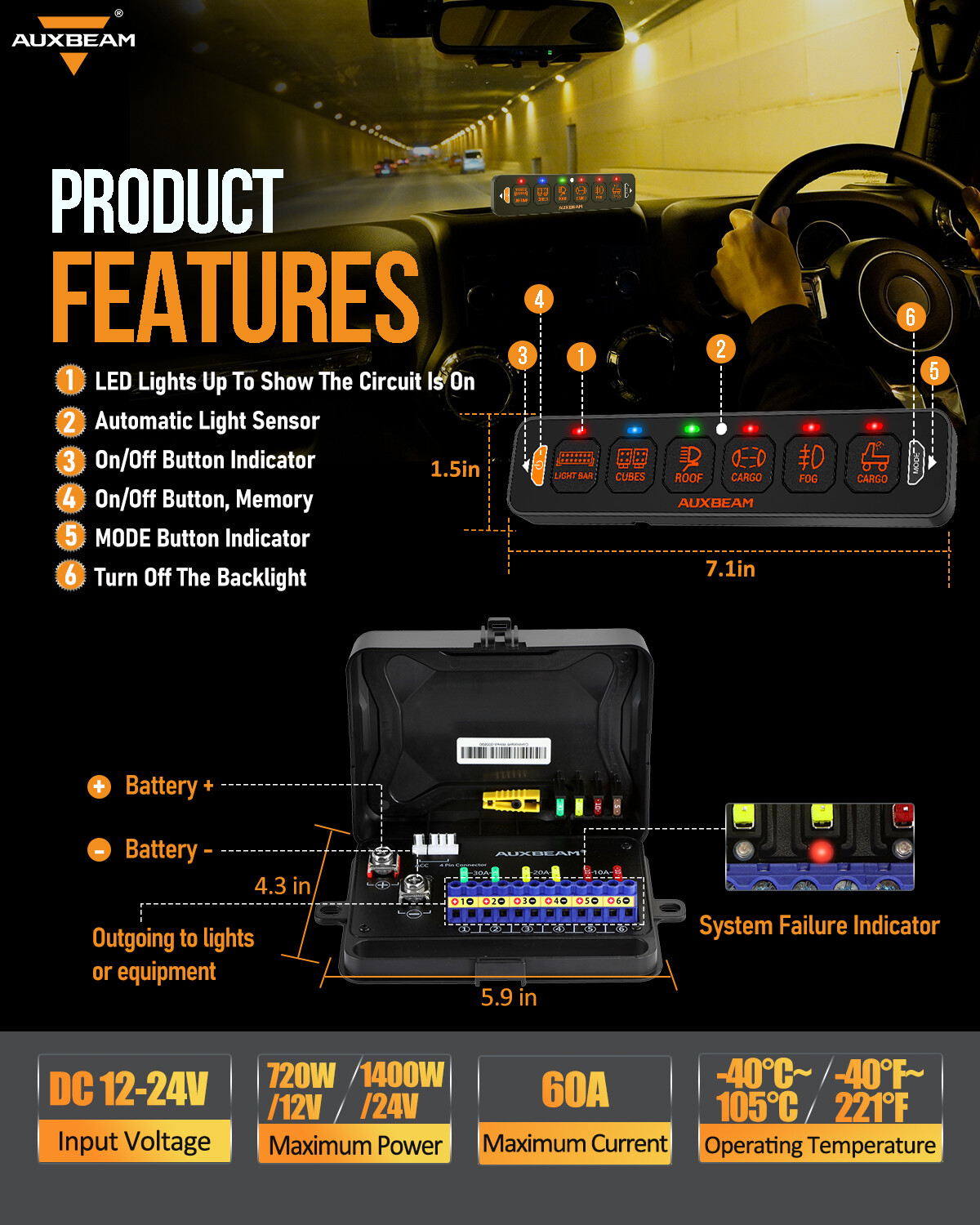 AUXBEAM 4/6 Gang RGB Slim Switch Panel Toggle LED Light Circuit Relay System Kit