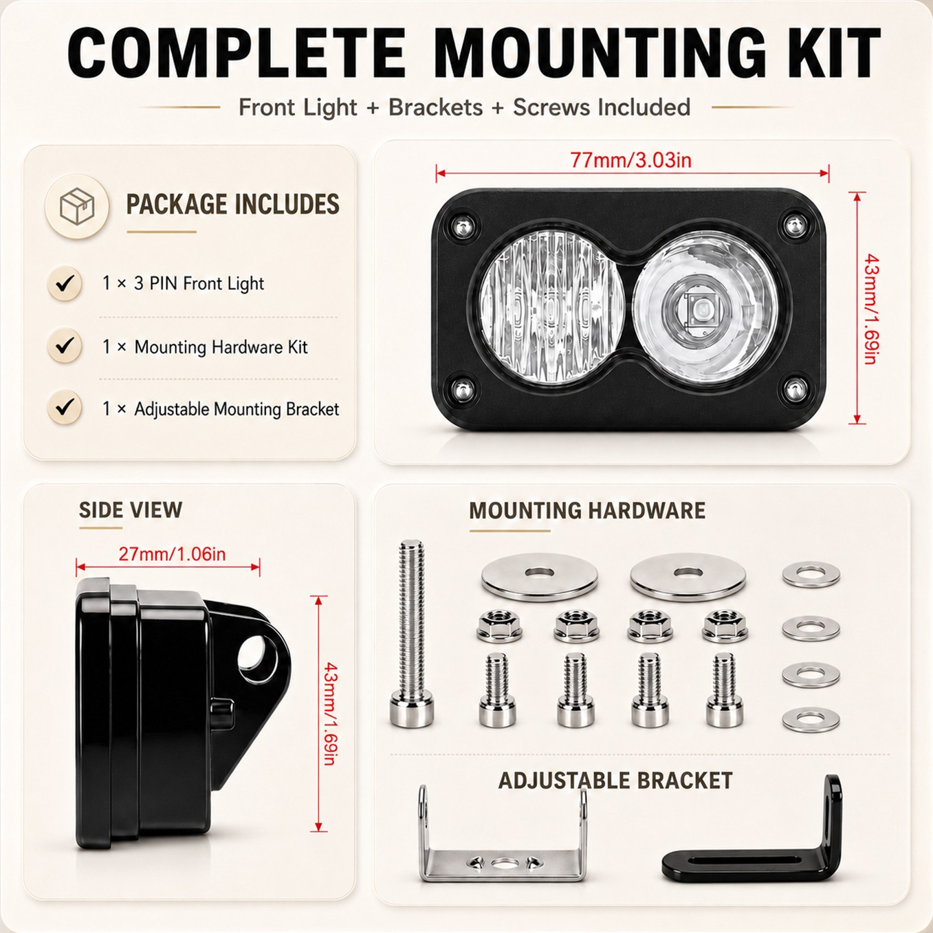 Headlight Kit For Ridstar Q20 EBike Plug and Play Waterproof 20W LED Work Light