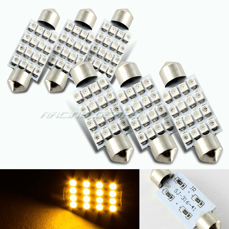 6x 41mm 16 SMD Amber LED Panel Interior Replacement Dome Light Lamp Festoon Bulb