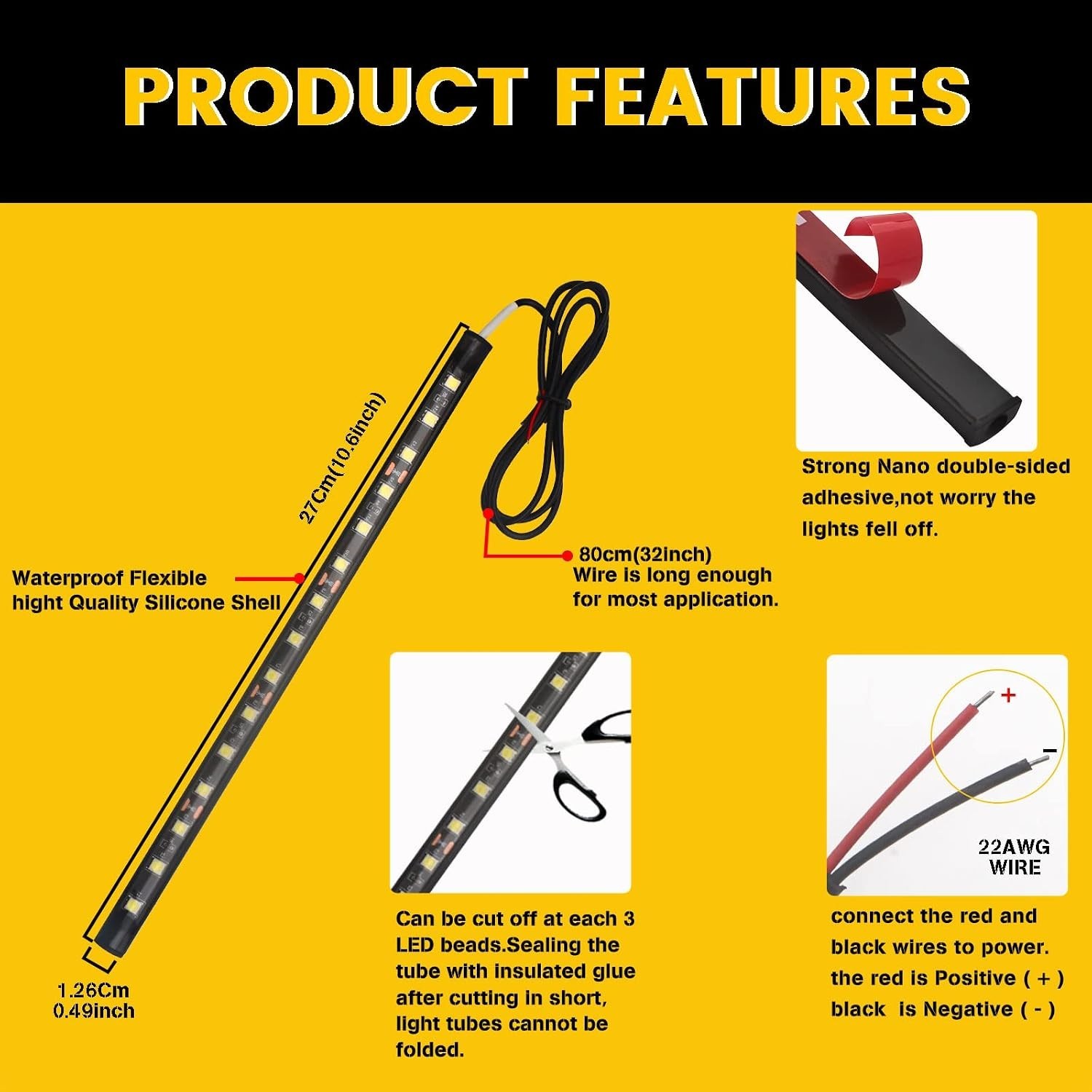 Amber Yellow Underglow LED Strip Lights DC12V 4 Pack 11inch | Waterproof, 50…