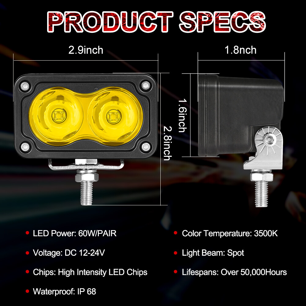2x 3″Inch Driving Lights Amber Spot Off Road LED Cube Pods Bumper Work Light Bar