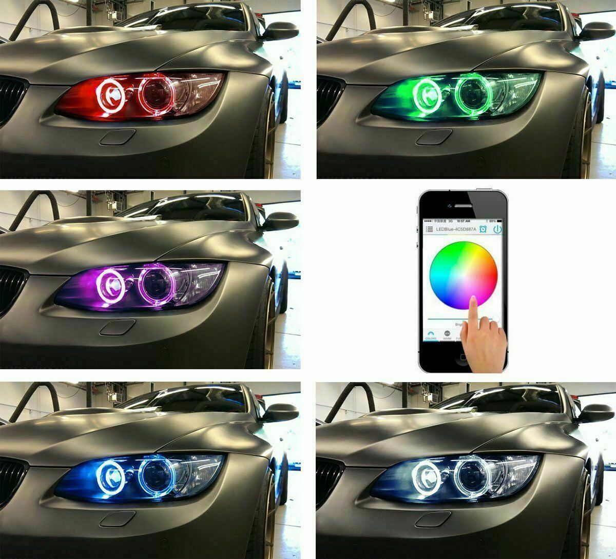 2x H8 Phone Control LED RGB Angel Eyes Halo Ring Bulb For BMW E90 E92 335i X5 X6
