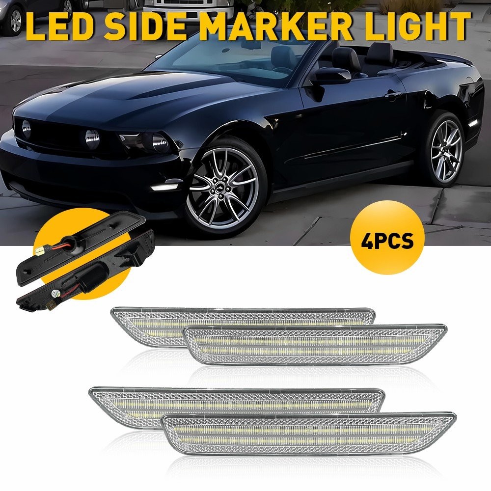 For 2010-14 Ford Mustang LED White Side Marker Light Clear Lens Front Rear 4pcs
