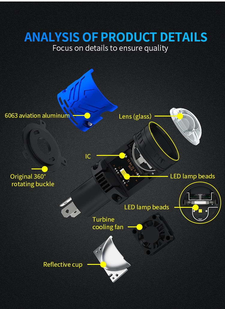 H4 17000LM 6000K LED For Car Headlamps 60W 6063 Aviation Aluminum Material