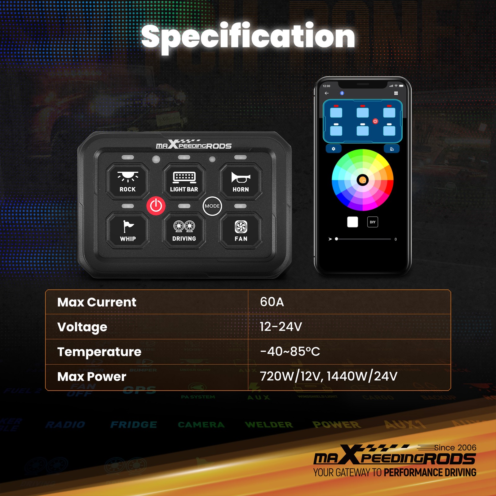Touch Switch Panel RGB For Truck SUV UTV ATV Boat 6 Gang 60A Aluminum Housing