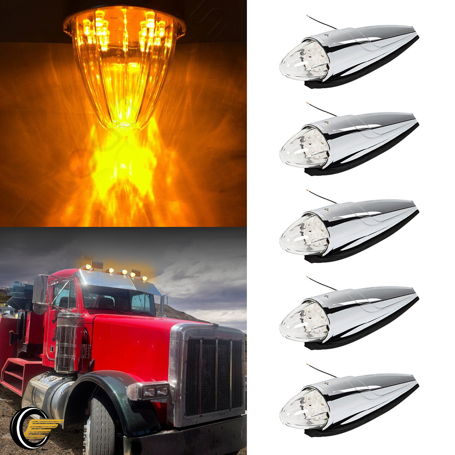 5x Teardrop Semi LED Roof Truck Cab Marker Lights Clearance Universal Amber