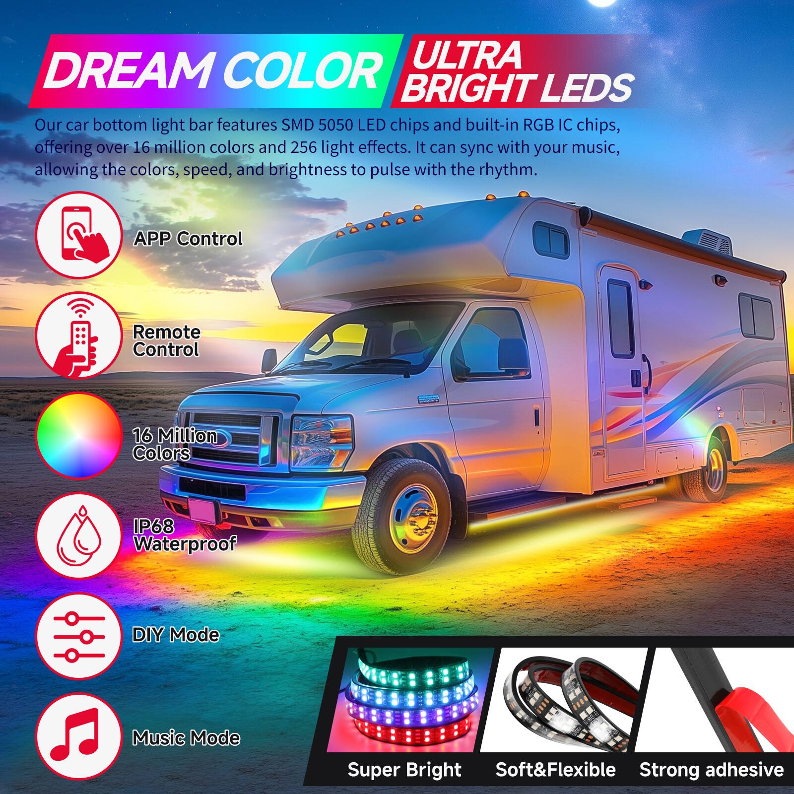 6PCS/Set RGB LED Dream Light Underglow Neon Kit Strip APP Remote For Scion xB tC