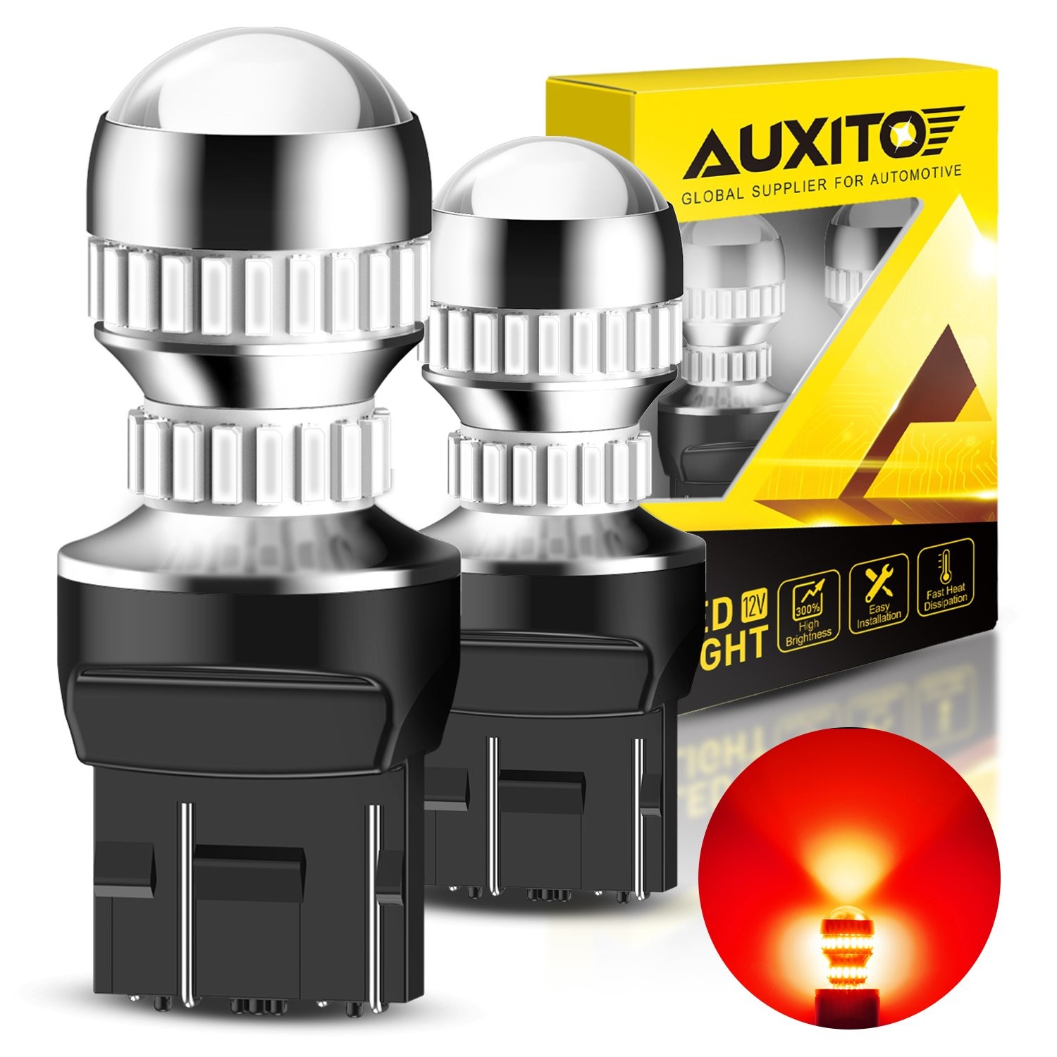 AUXITO 7443 LED Red Strobe Flash Brake Stop Tail Parking Light Bulbs CANBUS 54H