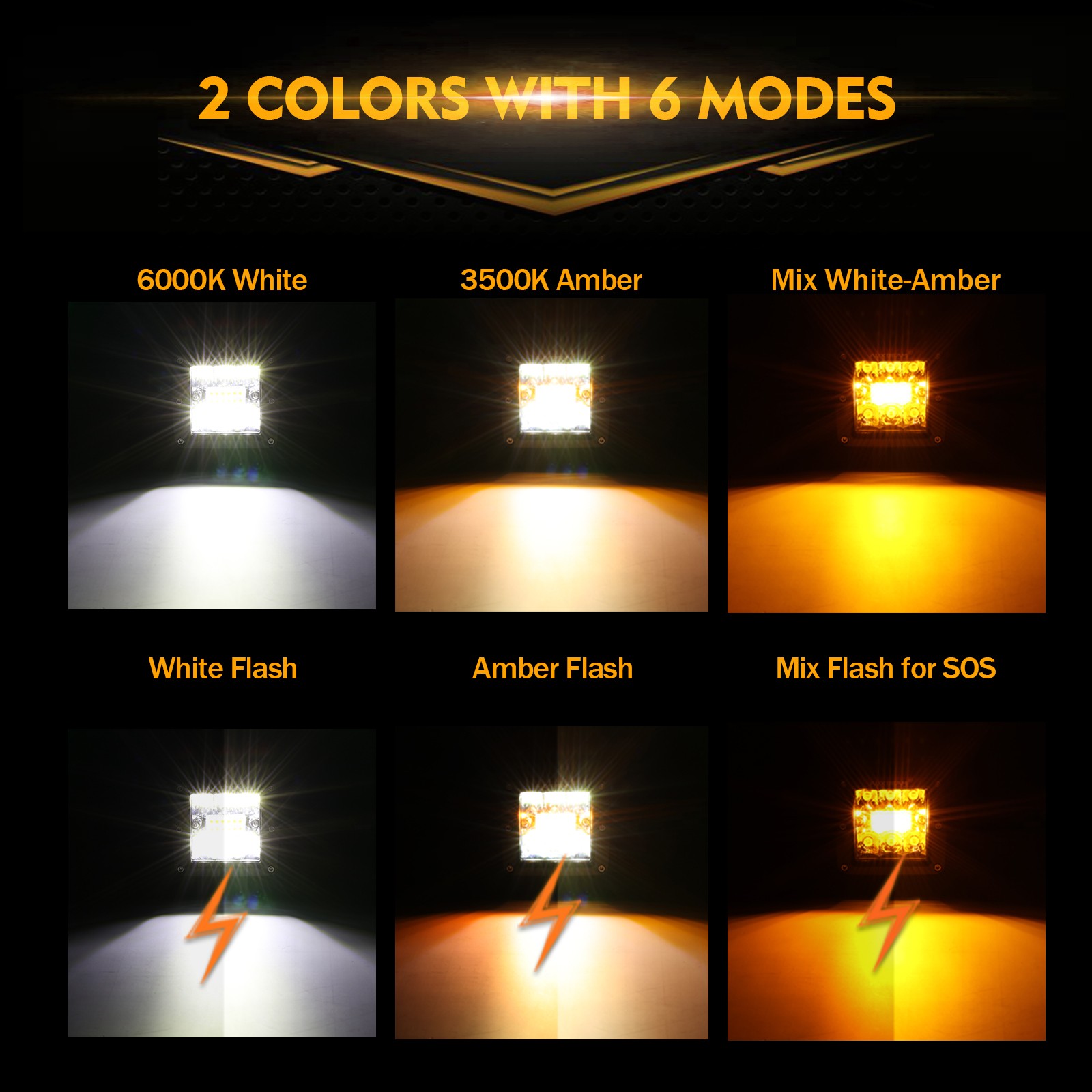 Auxbeam 2X 3“ LED Work Light Strobe Amber White For Polaris RZR 800/900/1000/XP