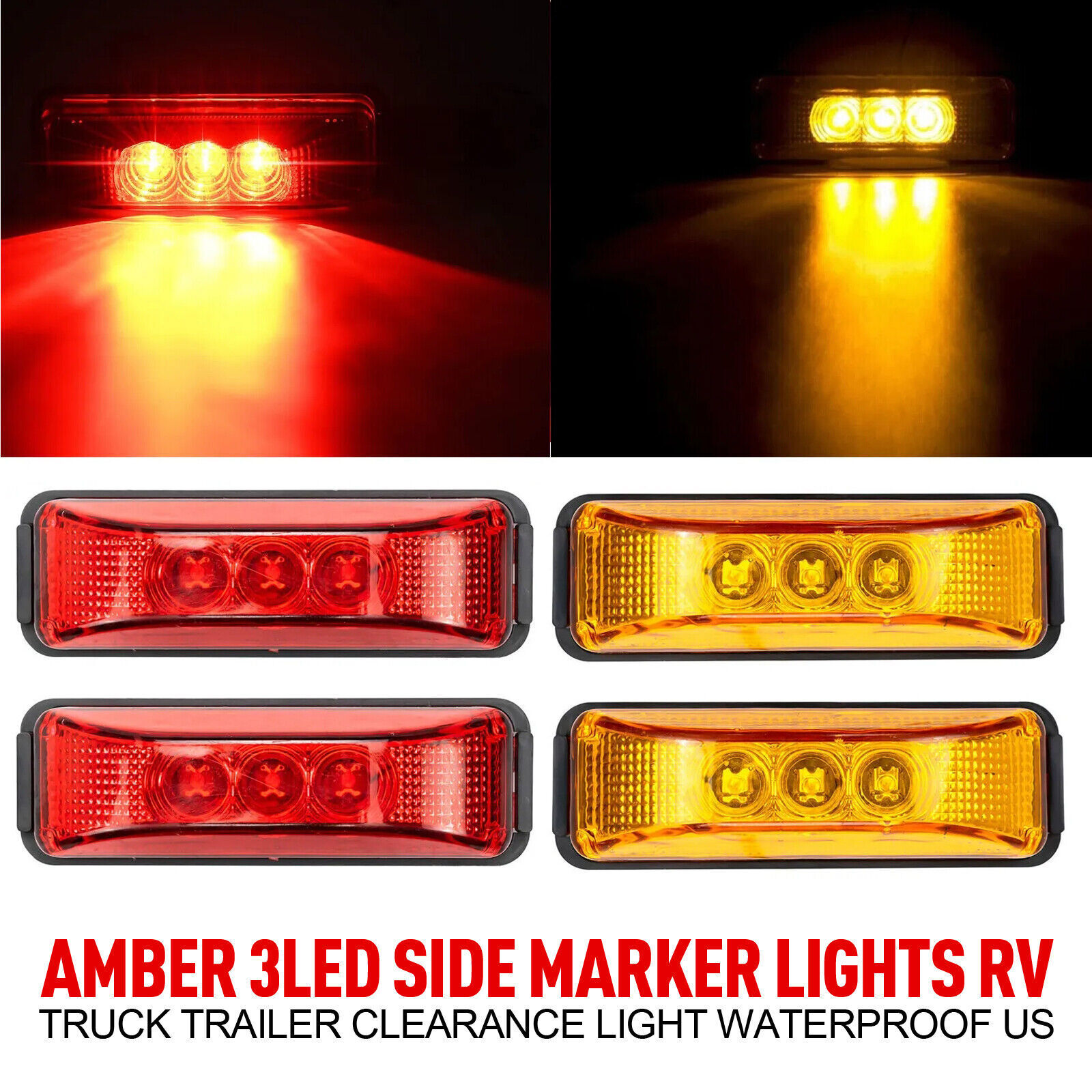 4PC 3LED Amber Side Marker Lights RV Truck Trailer Clearance Light Waterproof