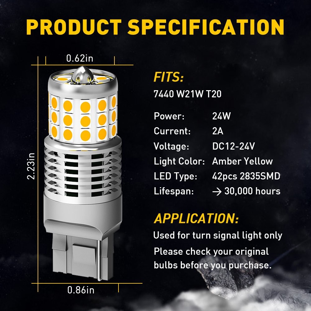 7440 7441 7444 LED Turn Signal Light Bulbs with Built-in Resistor Amber Yellow